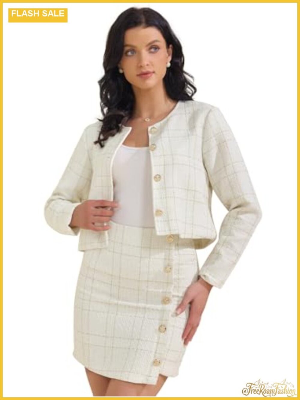 Women's Tweed Button Down Blazer Mini Skirt Set Business Suit